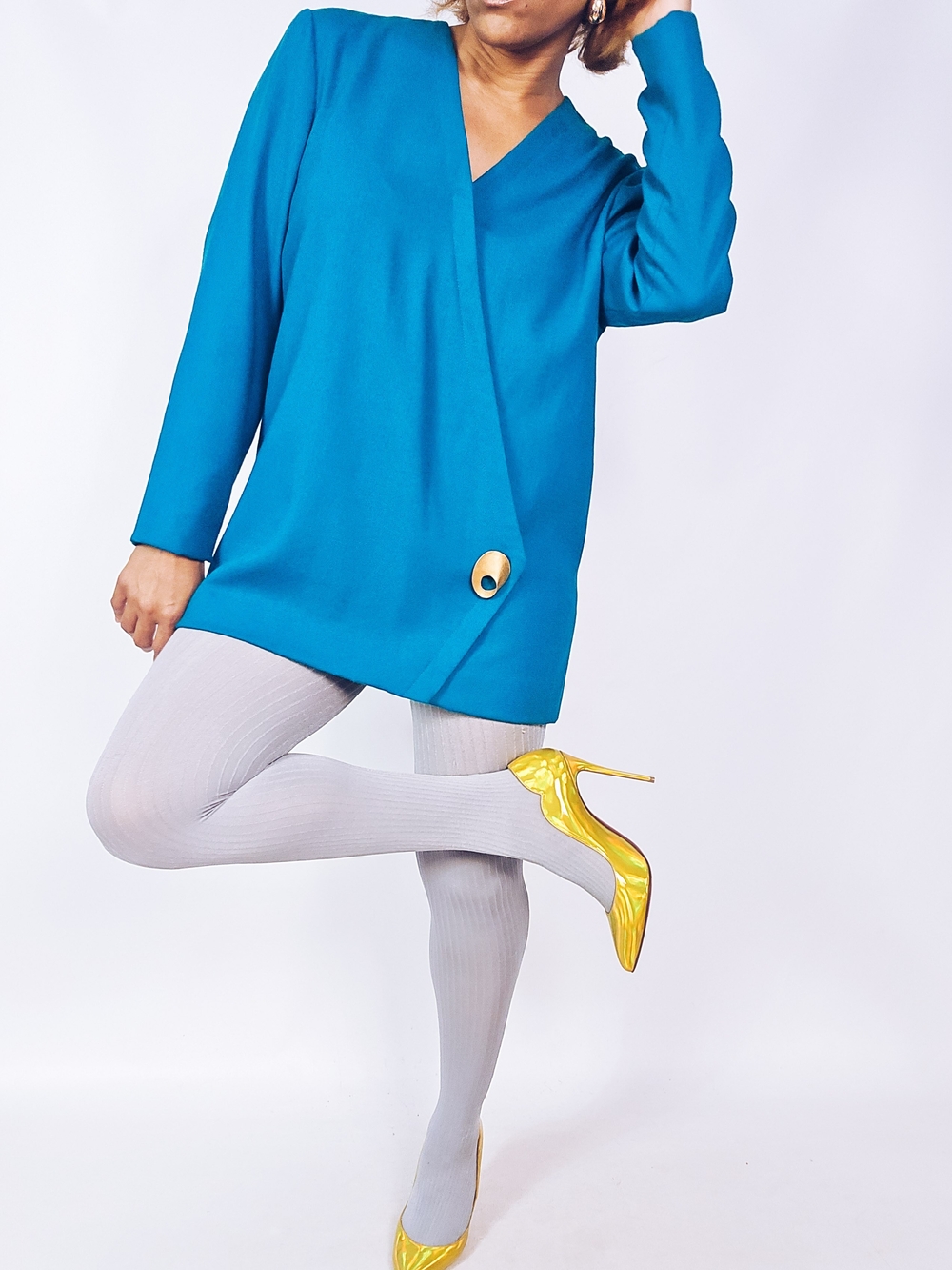 Teal Wrap-Style Long Sleeve Top with Gold Accent